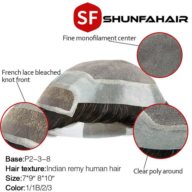 P2-3-8 Base Stock Mono Toupee for Men hHuman Hair System